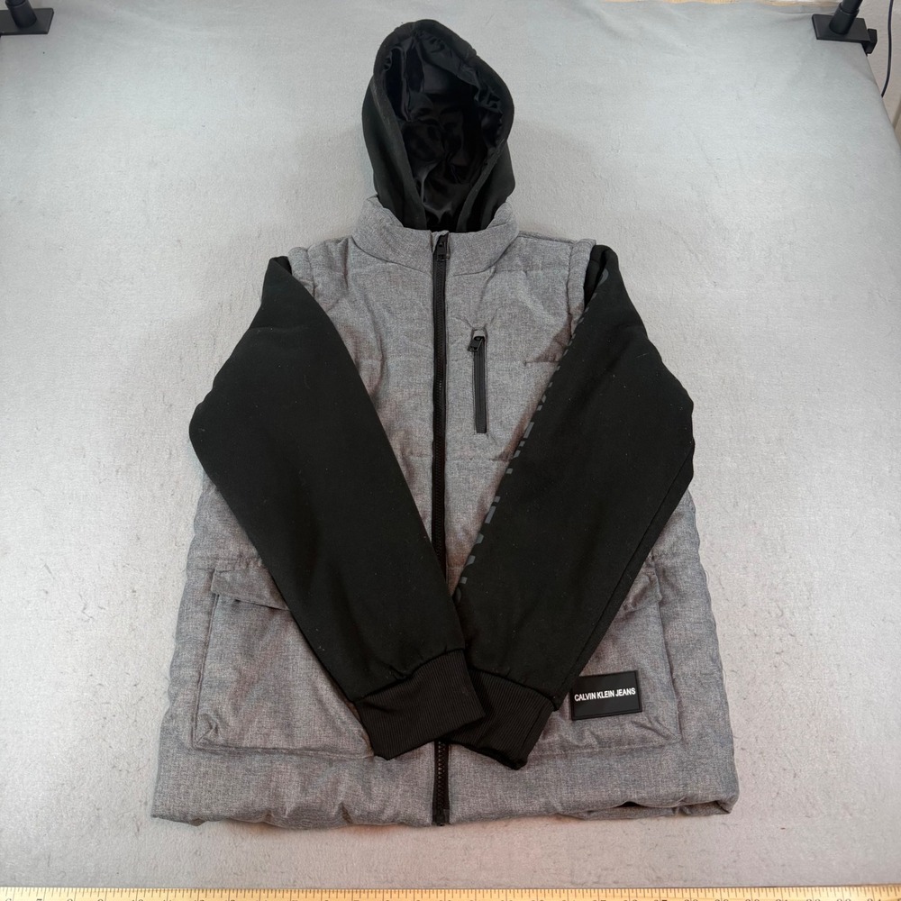 Calvin Klein Boys Hooded Puffer Jacket Gray Black Size L 14/16